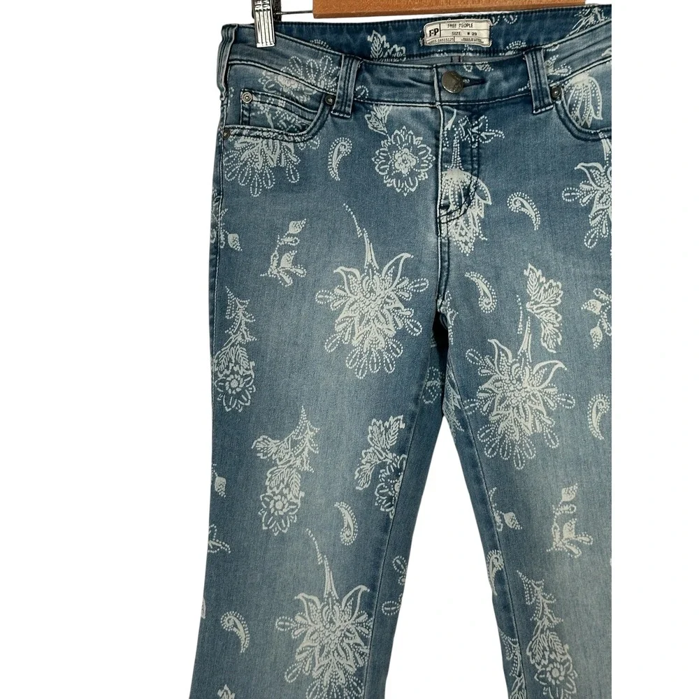 Free People Just Float On Printed Flare Jeans Floral Paisley Blue 29 Raw Hem